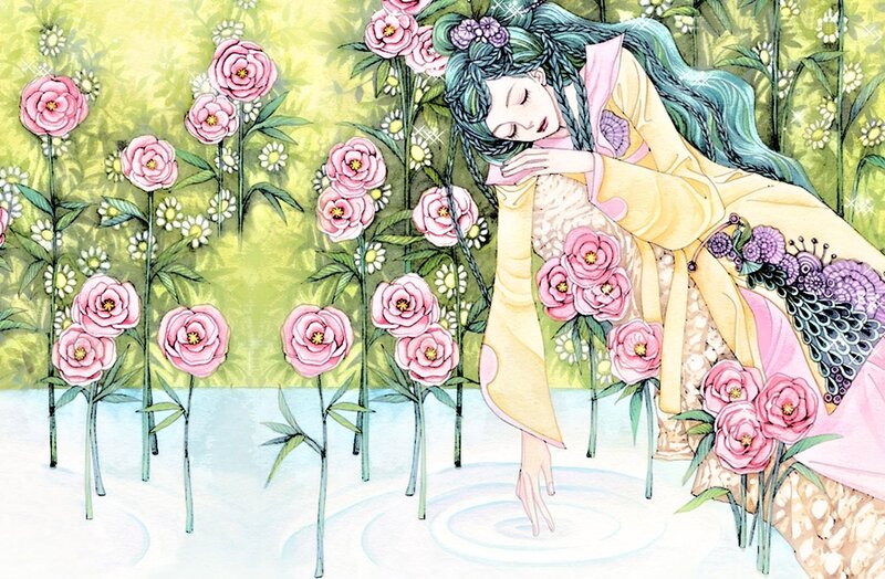 Woman in Floral Garden — Yellow, Serene