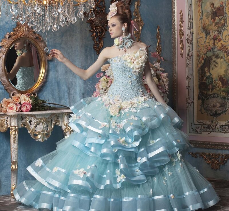 Woman in Floral Gown — Blue, Dramatic, Photograph