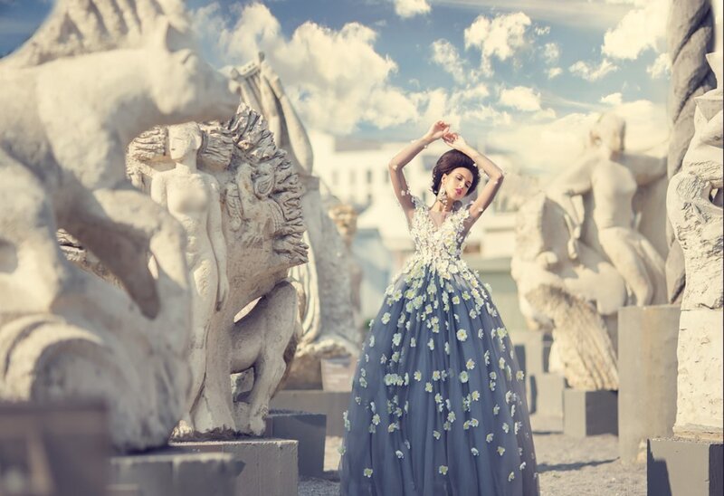 Woman in Floral Gown — Blue, Dramatic