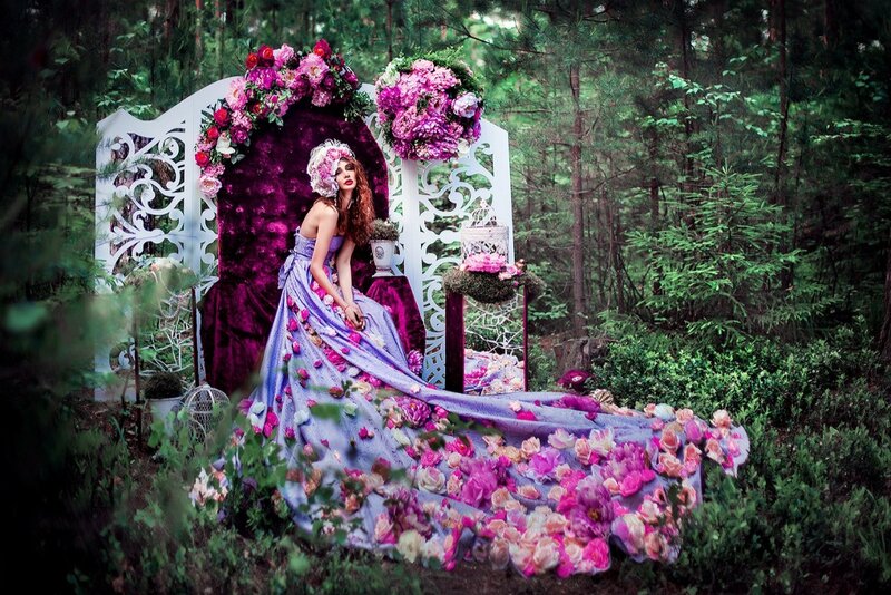 Woman in Floral Gown — Purple, Dramatic, Afternoon