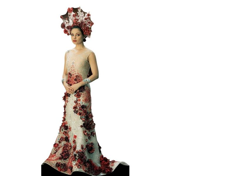 Woman in Floral Gown — White, Dramatic, Photograph