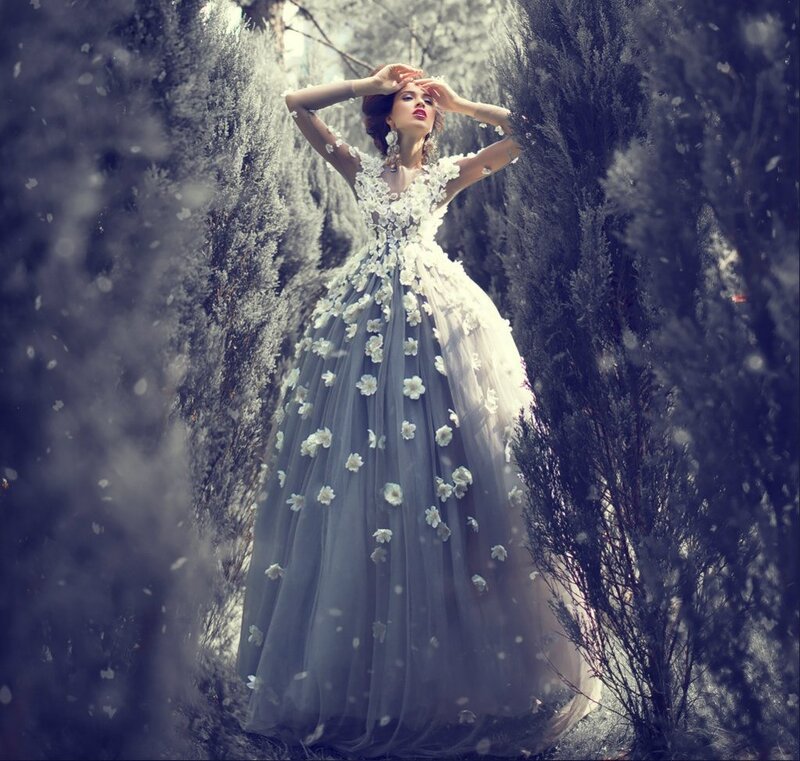 Woman in Floral Gown — White, Dramatic, Spring