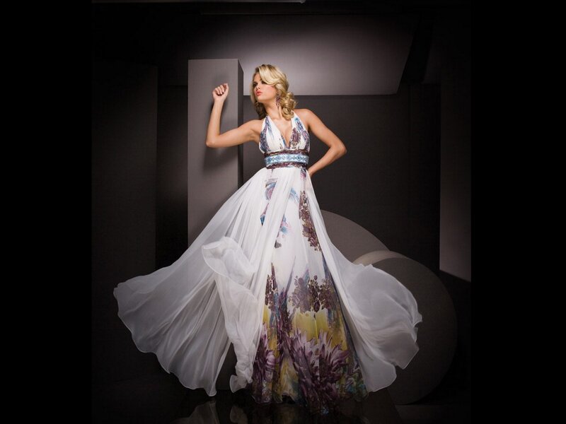 Woman in Floral Gown — White, Dramatic