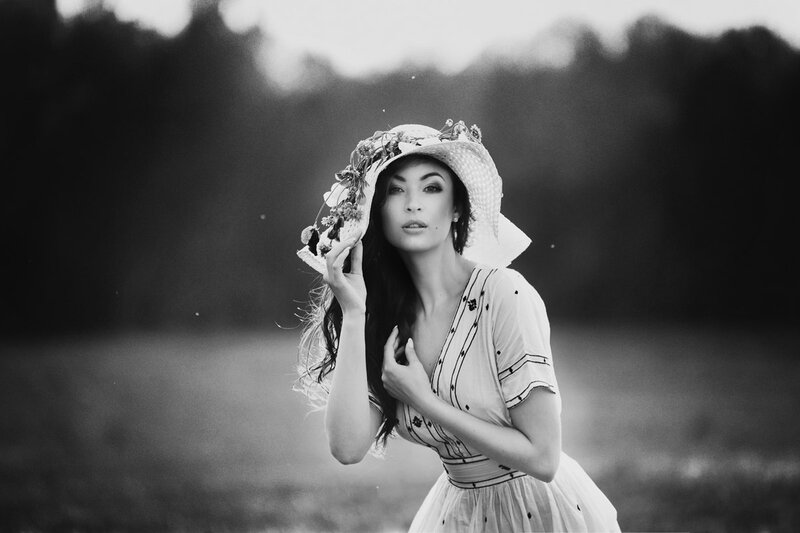 Woman in Floral Hat — Black, Dramatic