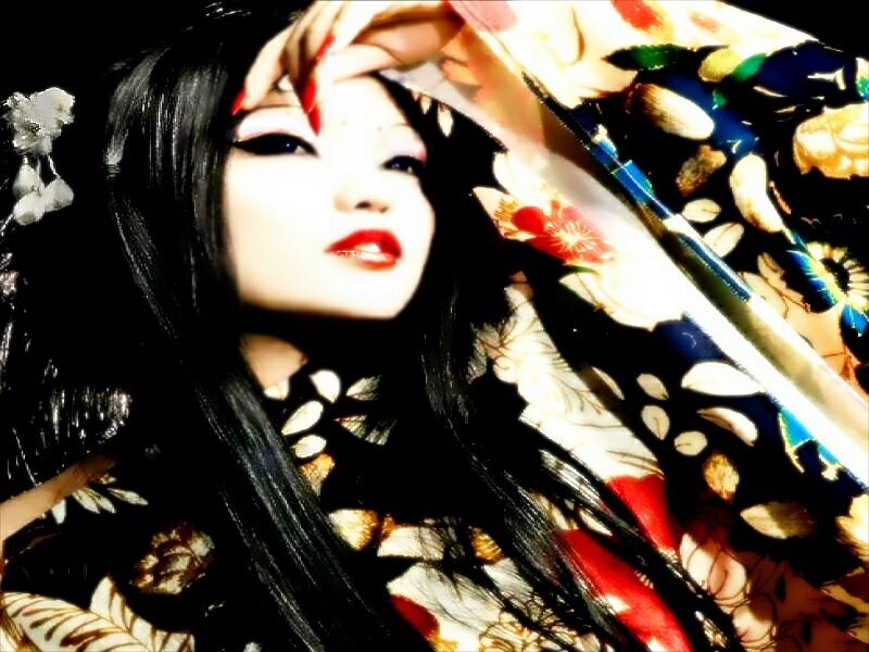 Woman in Floral Kimono — Black, Dramatic, Photograph