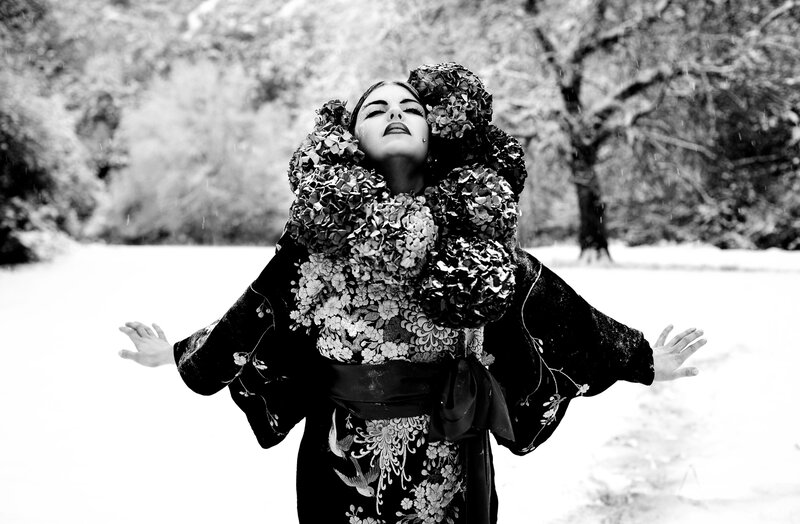 Woman in Floral Kimono — Black, Dramatic, Winter