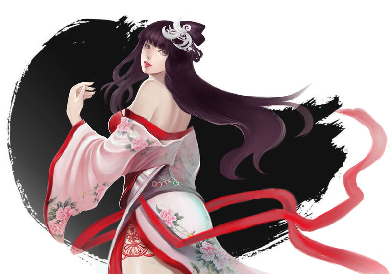 Woman in Floral Kimono — White, Dramatic