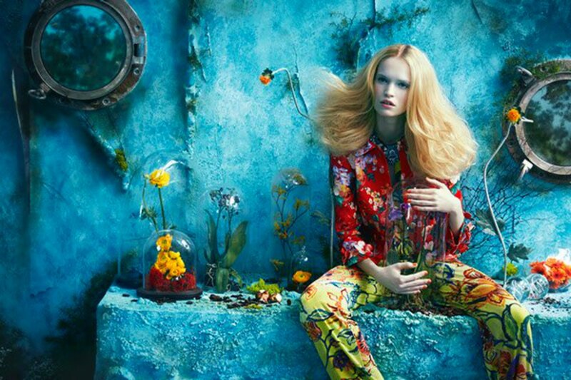 Woman in Floral Outfit — Blue, Dramatic