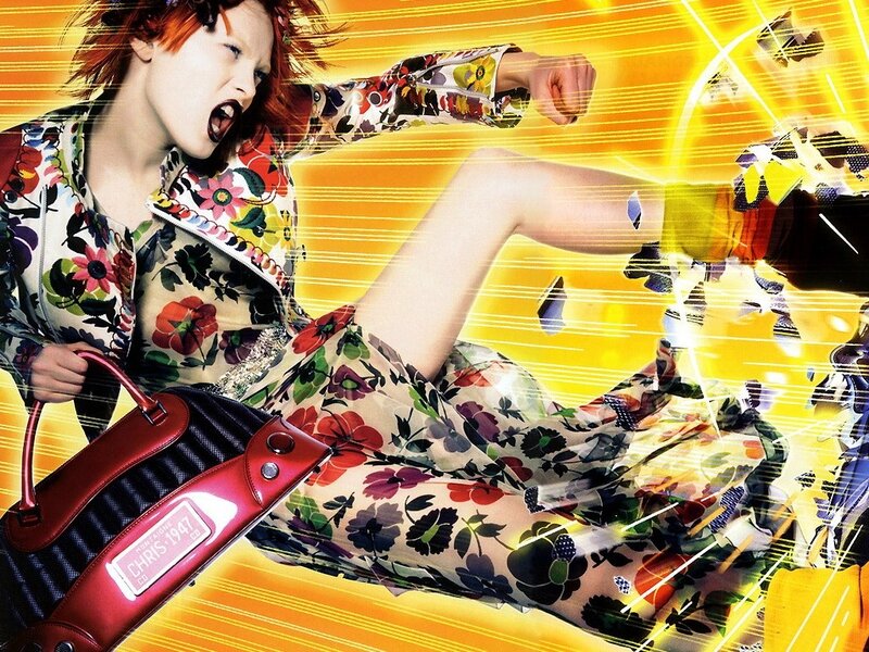 Woman in floral outfit kicking