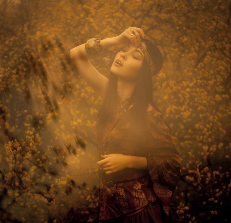 Woman in Floral Setting — Yellow
