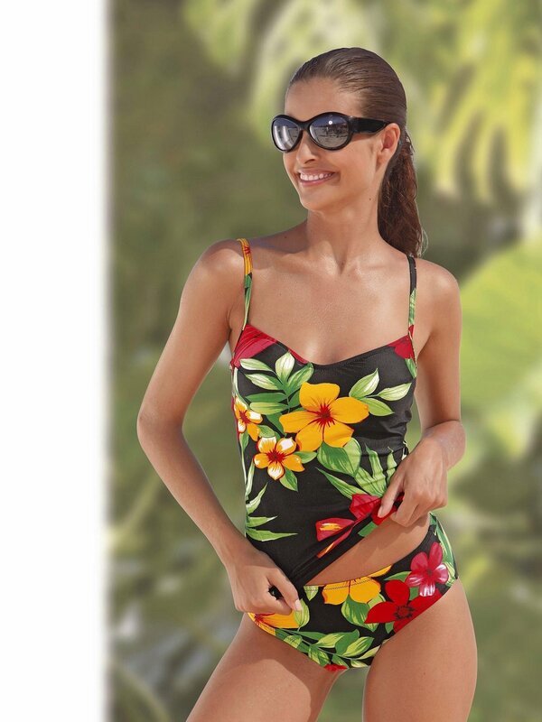 Woman in Floral Swimsuit — Black, Relaxed, Summer