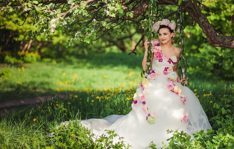 Woman in Floral Wedding Dress — White, Serene