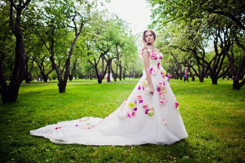 Woman in Floral Wedding Dress — White