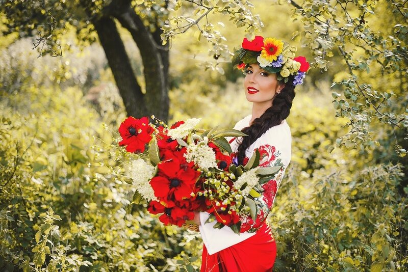 Woman in Floral Wreath — Red
