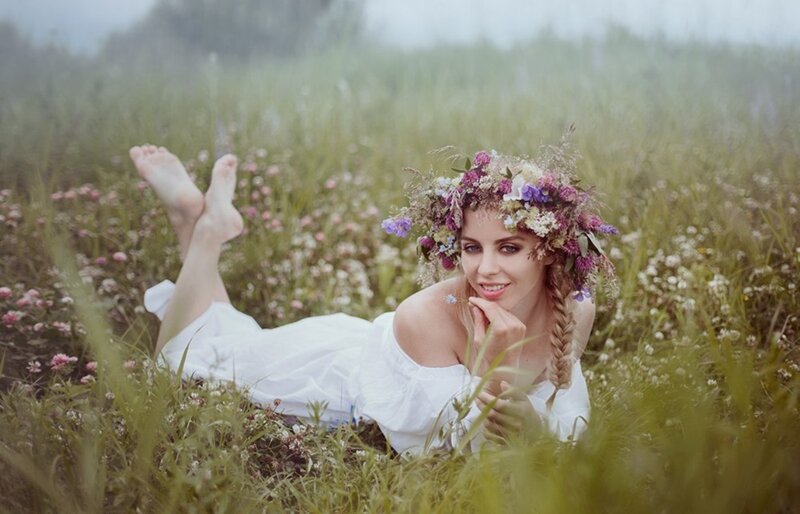Woman in Flower Crown — Green, Serene, Spring, Photograph