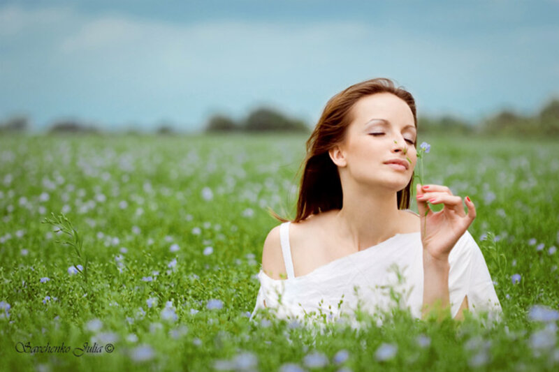 Woman in Flower Field — Green, Serene, Afternoon