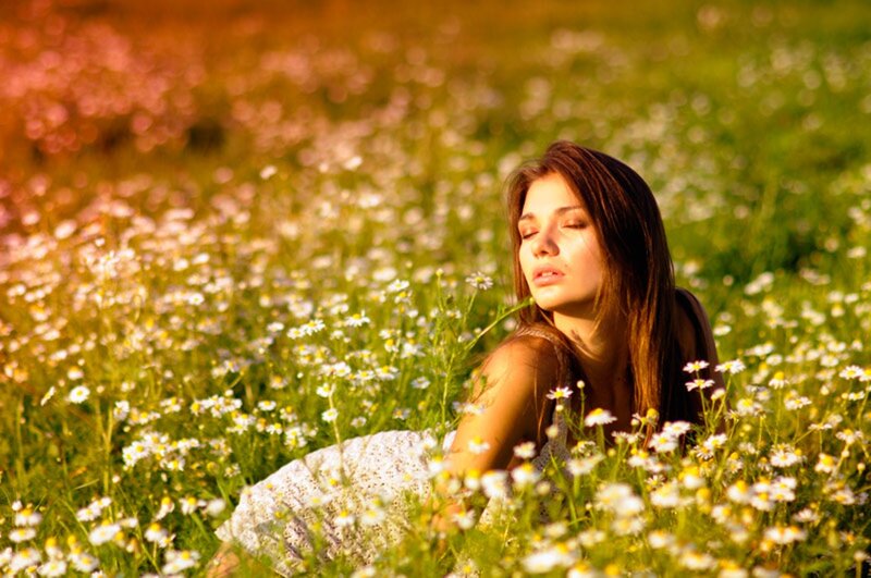 Woman in Flower Field — Green, Serene, Sunset
