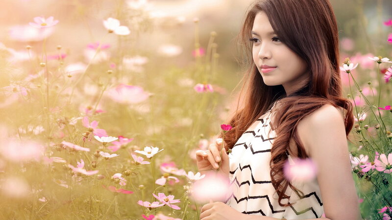 Woman in Flower Field — Pink, Serene, Afternoon
