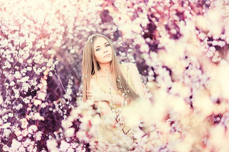 Woman in Flower Field — Pink, Serene, Spring, Photograph