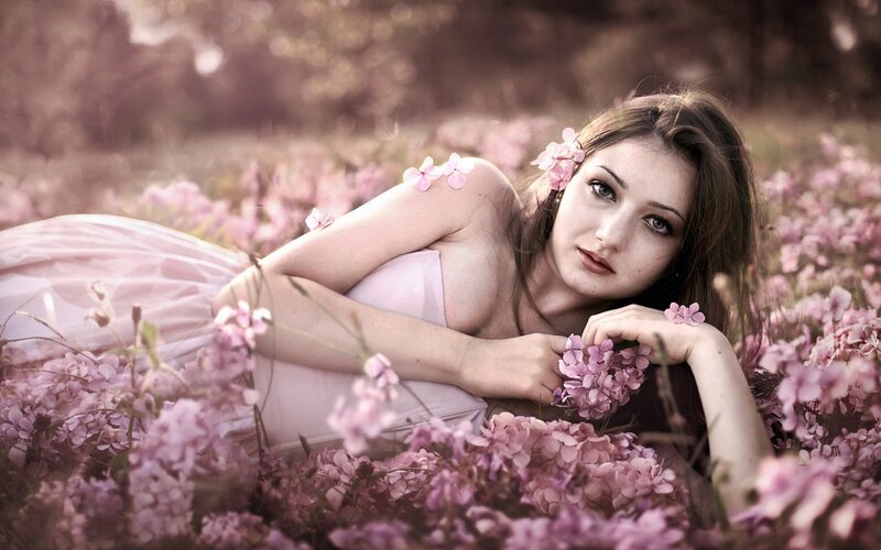 Woman in Flower Field — Pink, Serene, Spring