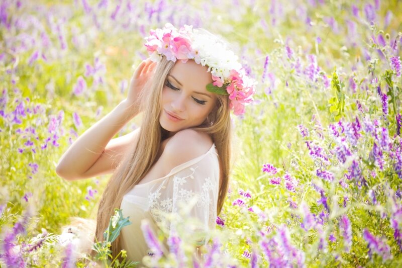 Woman in Flower Field — Purple, Serene, Afternoon, Photograph, Flower Crown