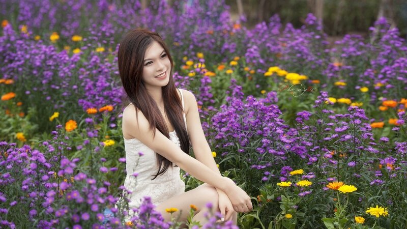 Woman in Flower Field — Purple, Serene, Afternoon, Photograph, Flowers, Purple Flowers