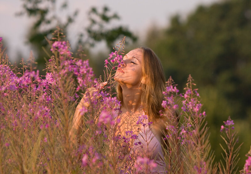 Woman in Flower Field — Purple