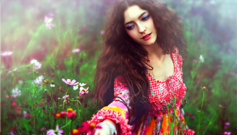 Woman in Flower Field — Red, Dreamy