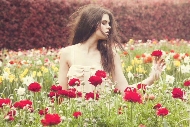 Woman in Flower Field — Red, Serene, Spring