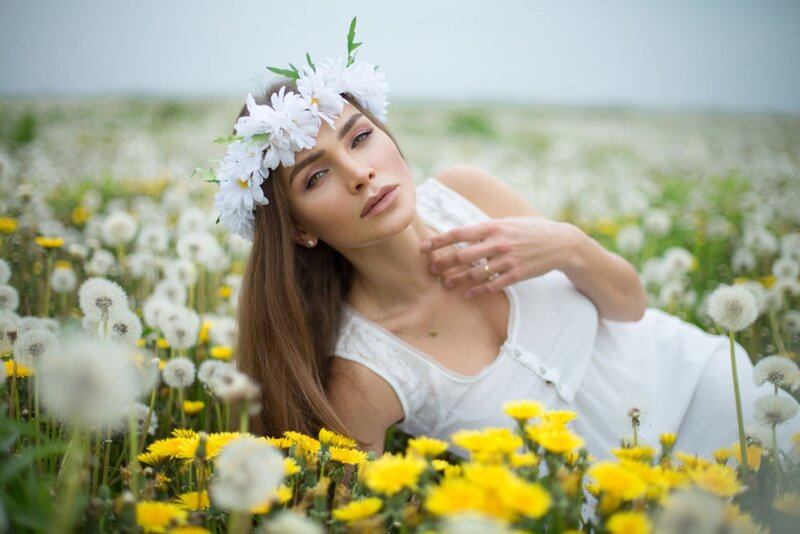 Woman in Flower Field — White, Serene, Spring, Photograph