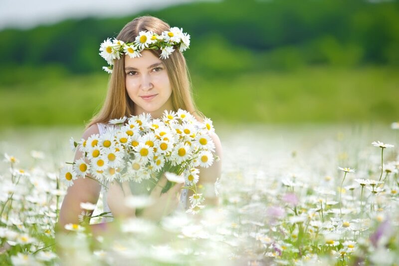 Woman in Flower Field — White, Serene, Summer, Photograph, Flower Crown