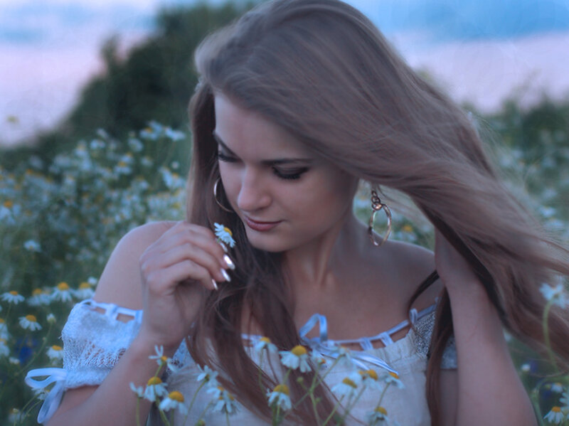 Woman in Flower Field — White