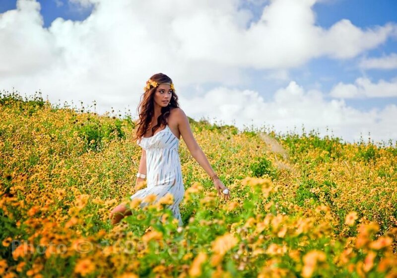 Woman in Flower Field — Yellow, Serene, Afternoon