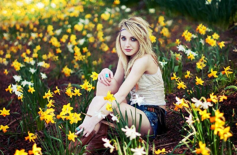 Woman in Flower Field — Yellow, Serene, Spring, Photograph