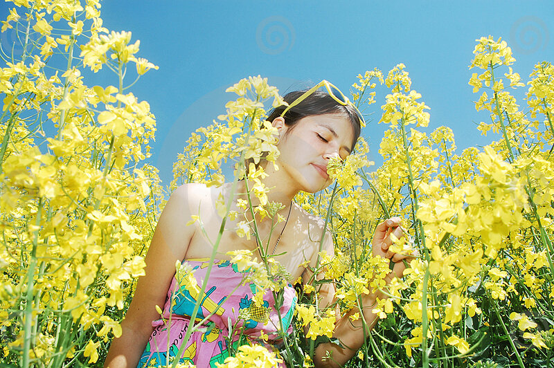 Woman in Flower Field — Yellow, Serene, Spring