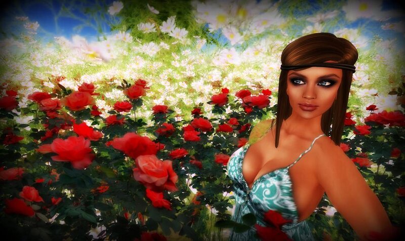 Woman in Flower Garden — Red, Serene, Afternoon