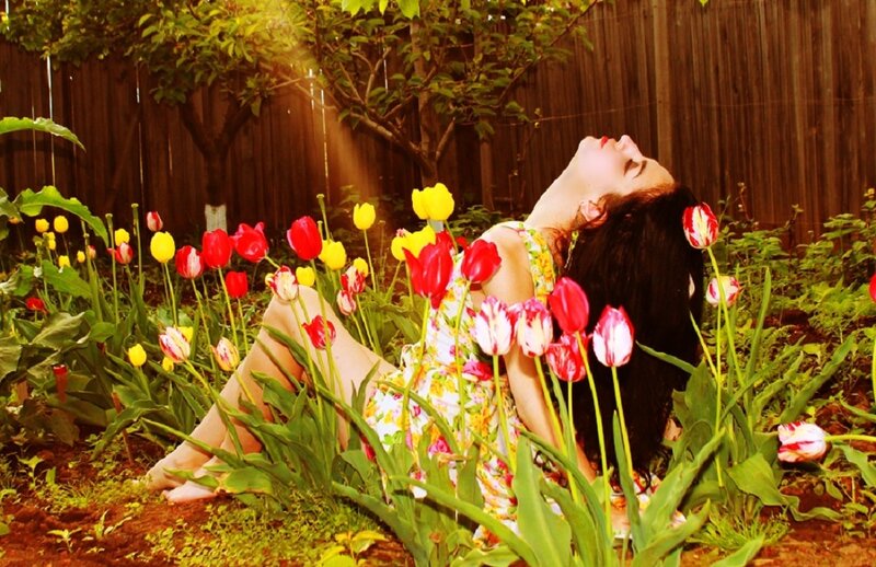 Woman in Flower Garden — Red