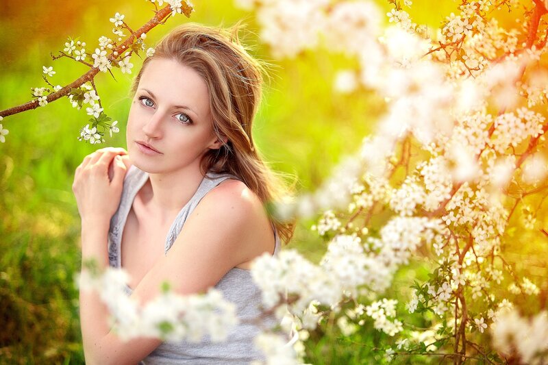 Woman in Flower Garden — White, Serene, Spring