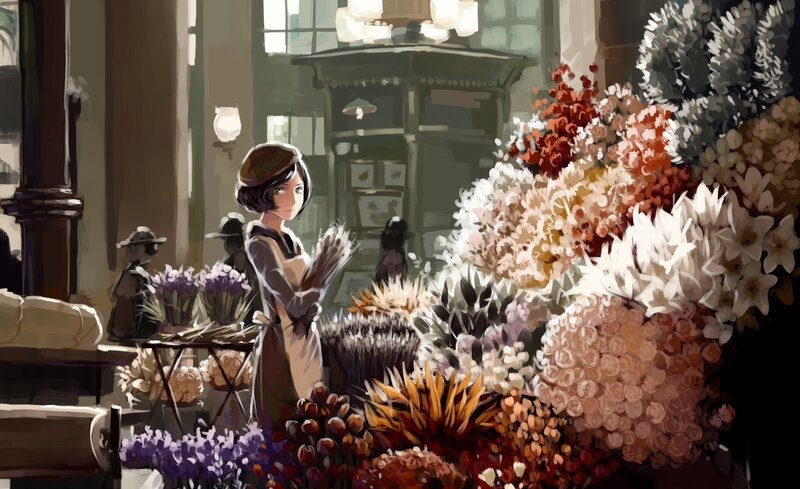 Woman in Flower Shop — Brown, Calm