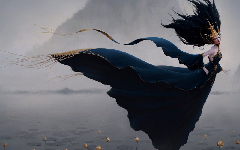 Woman in Flowing Blue Dress — Dramatic