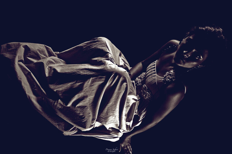 Woman in Flowing Dress — Black, Dramatic, Night