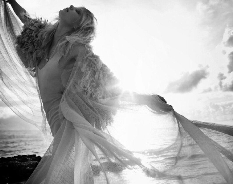 Woman in Flowing Dress — Black, Dramatic, Sunset