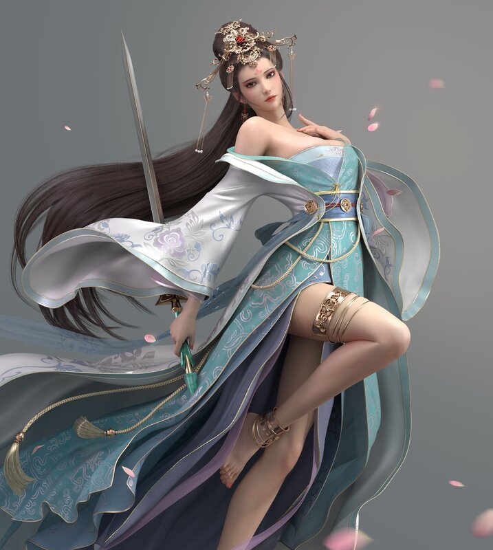 Woman in Flowing Dress — Blue, Dramatic, 3d Render