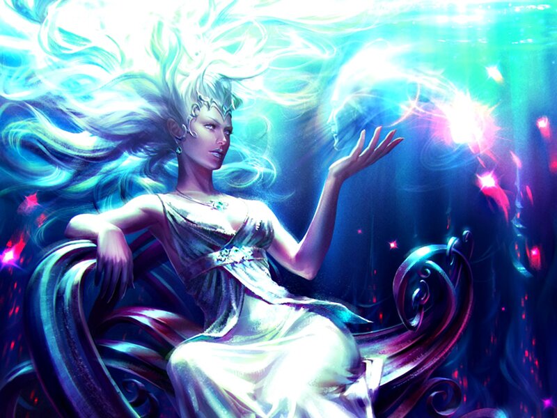Woman in Flowing Dress — Blue, Dramatic, Digital Art, Chair