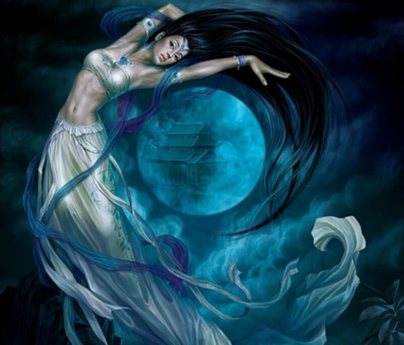 Woman in Flowing Dress — Blue, Dramatic, Night, Digital Art, Moon, Building