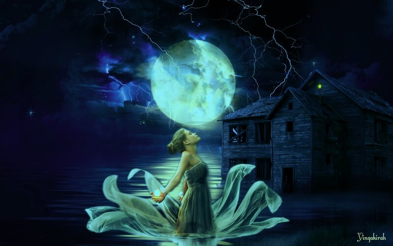 Woman in Flowing Dress — Blue, Dramatic, Night, Digital Art, Moon