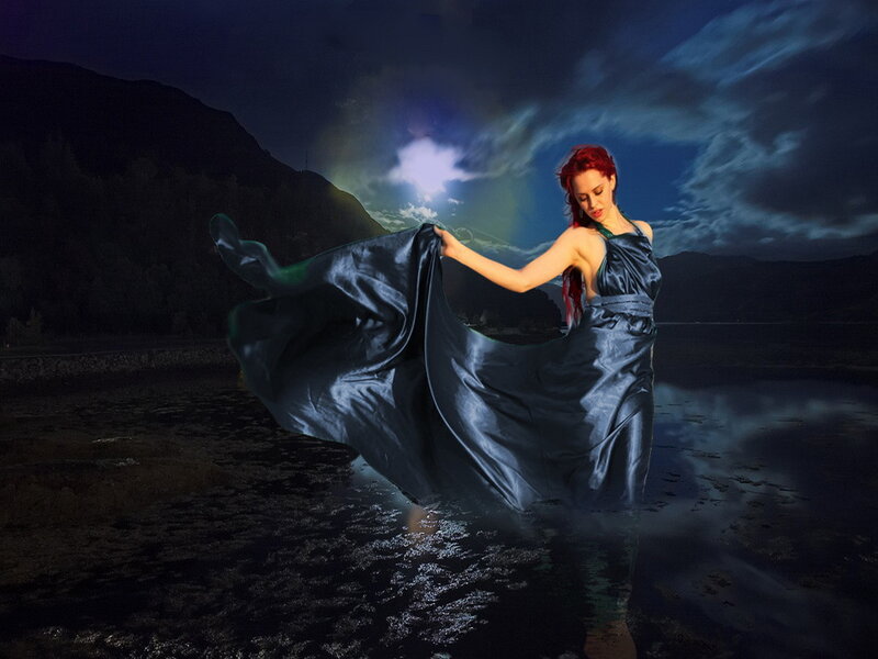 Woman in Flowing Dress — Blue, Dramatic, Night, Digital Art, Mountain