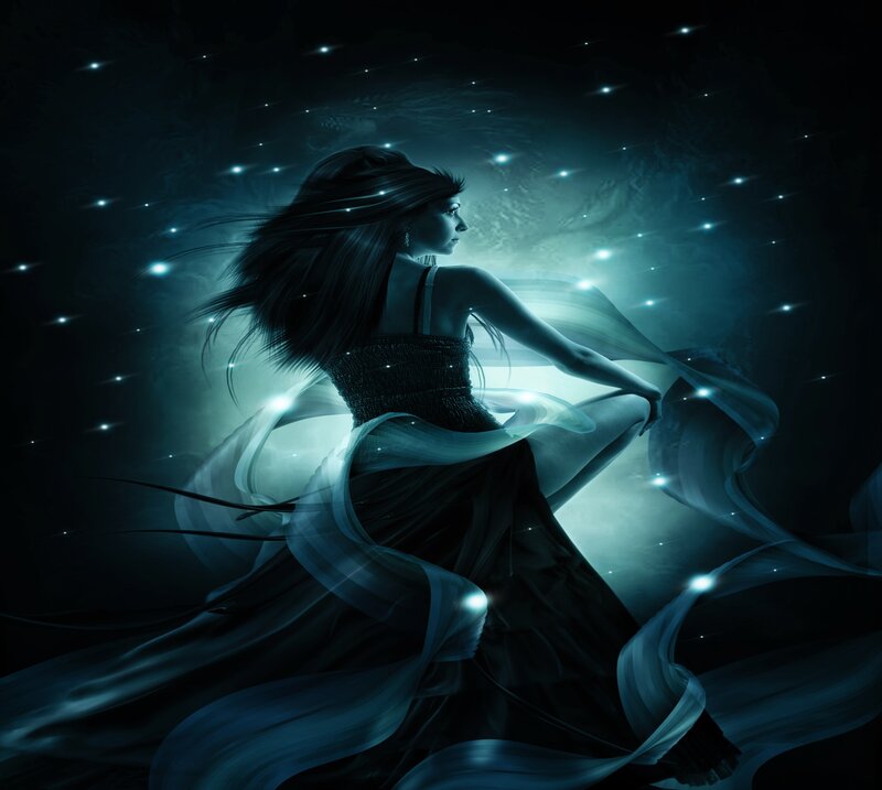 Woman in Flowing Dress — Blue, Dramatic, Night