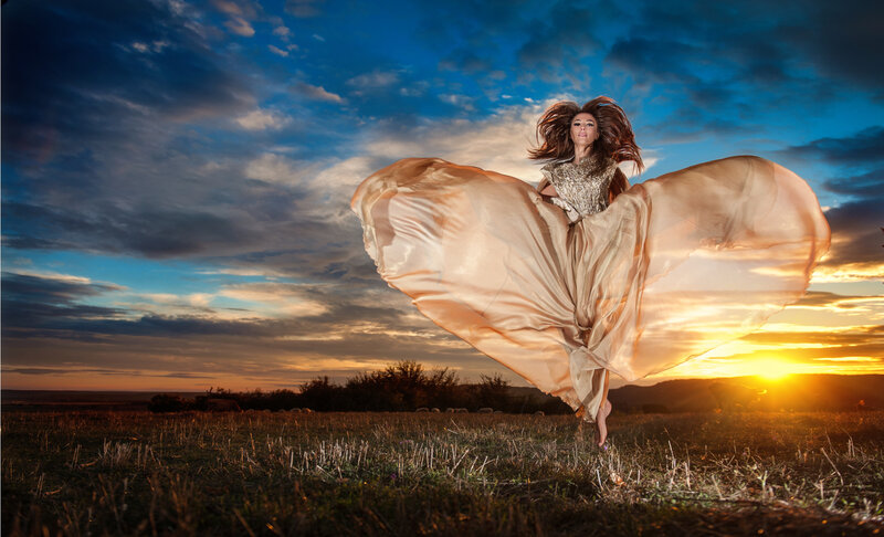 Woman in Flowing Dress — Blue, Dramatic, Sunset, Photograph, Field