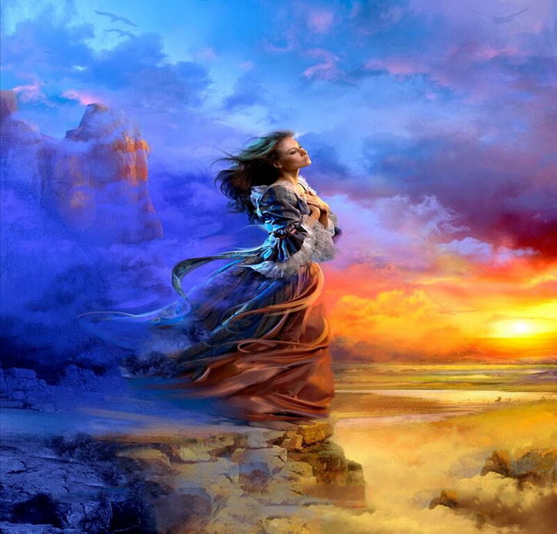 Woman in Flowing Dress — Blue, Dramatic, Sunset
